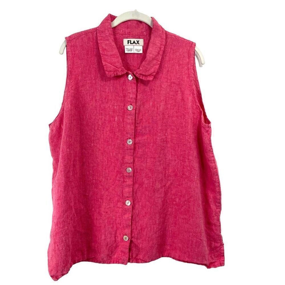 FLAX 100% linen sleeveless button up shirt blouse Size L raspberry pink